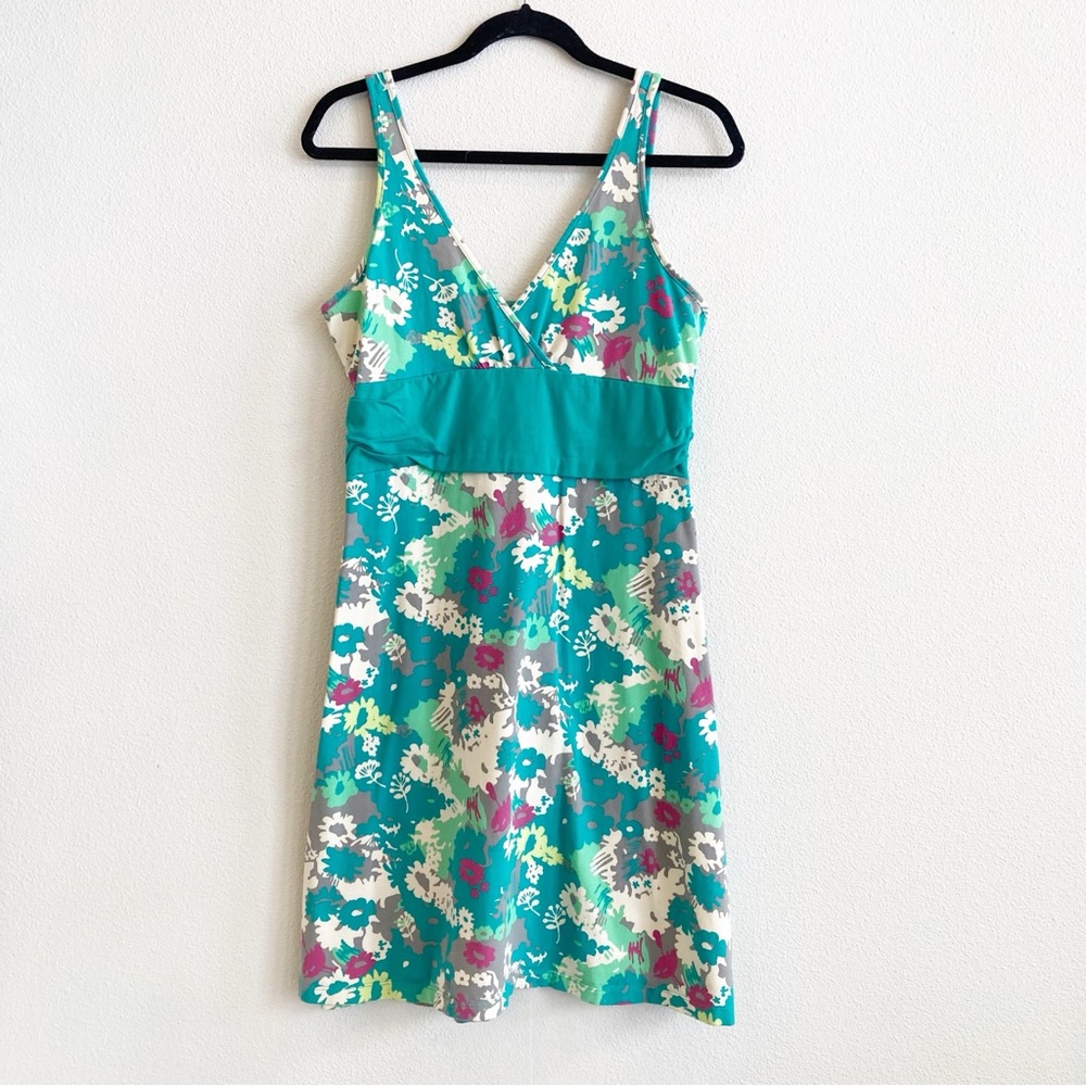 Patagonia Floral Sundress Teal Green Organic Cotton Stretch V Neck Active Large